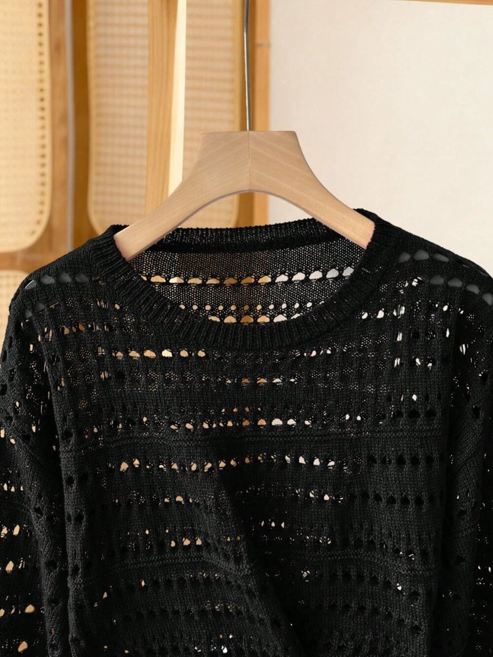 Black Casual Elegant Women's Round Neck Drop Shoulder Long Sleeve Knit Pullover - Picture 3 of 7